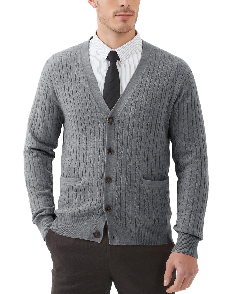 Kallspin Men's Cardigan Sweater Wool Blend Cable Knit V Neck Buttons Cardigan with Pockets(Light Grey, Large) - Image 1